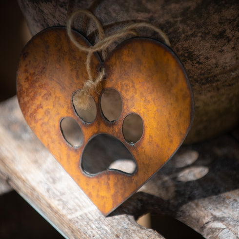 Paw Print Heart - Rustic Rusted Garden Sign